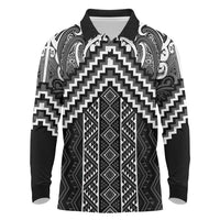 Maori Tukutuku Taniko Motifs Long Sleeve Polo Shirt Black Poutama Mix Kowhaiwhai