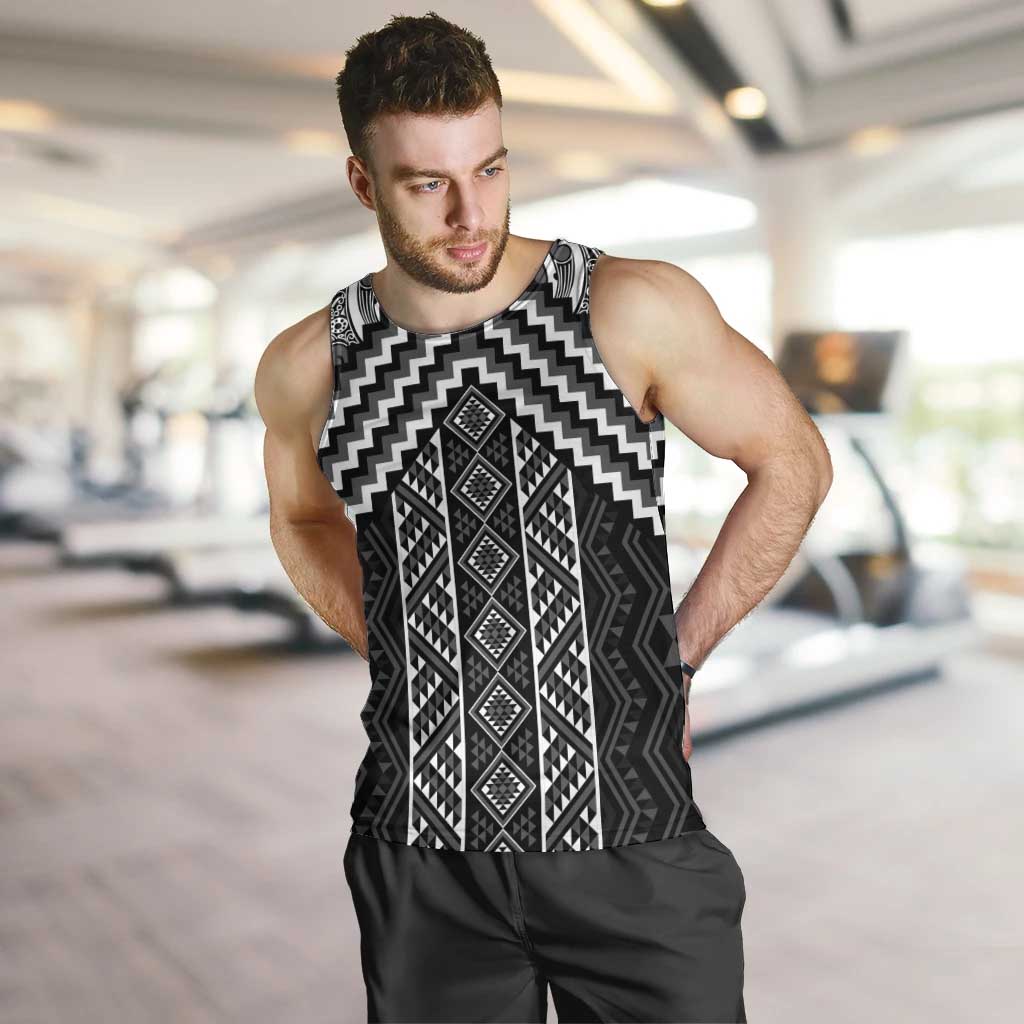 Maori Tukutuku Taniko Motifs Men Tank Top Black Poutama Mix Kowhaiwhai