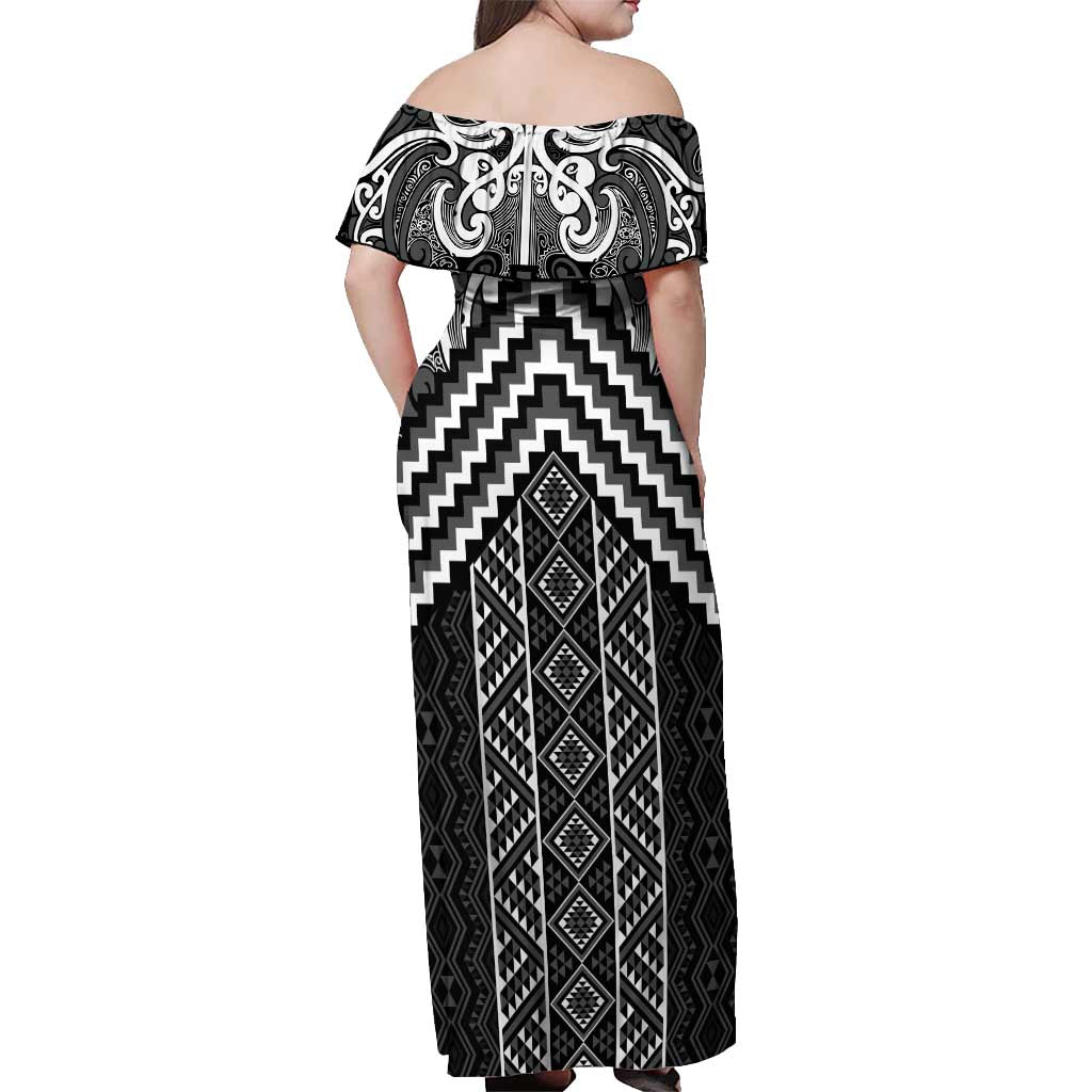 Maori Tukutuku Taniko Motifs Off Shoulder Maxi Dress Black Poutama Mix Kowhaiwhai