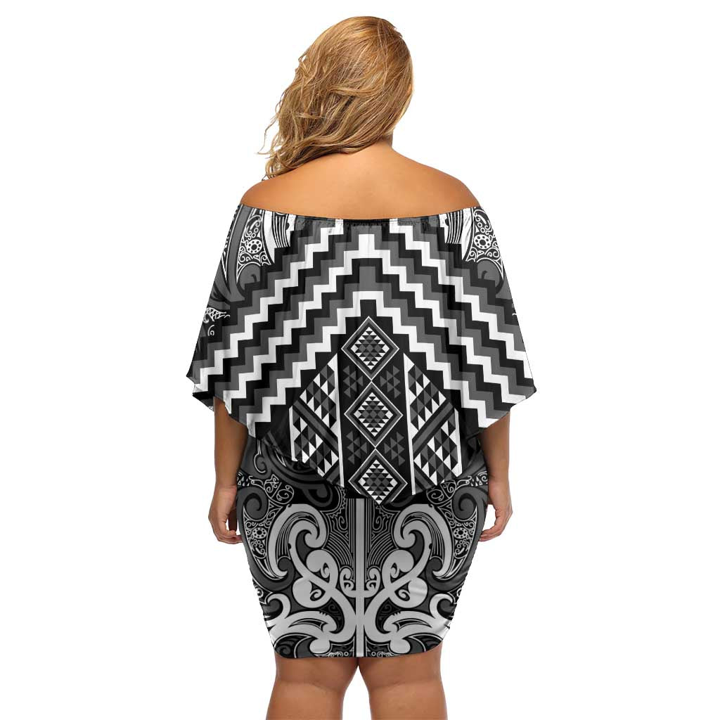 Maori Tukutuku Taniko Motifs Off Shoulder Short Dress Black Poutama Mix Kowhaiwhai