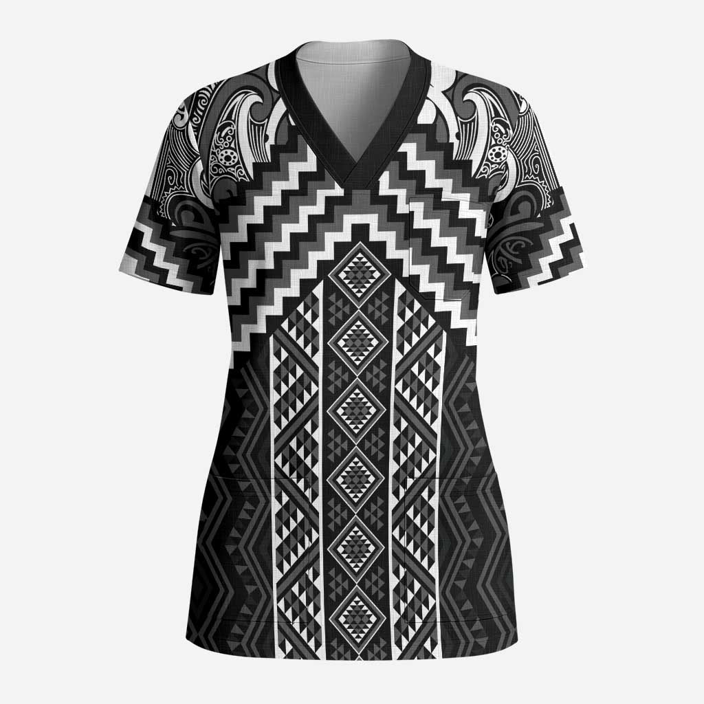 Maori Tukutuku Taniko Motifs Scrub Top Black Poutama Mix Kowhaiwhai - Polynesian Pride