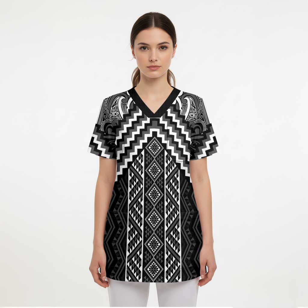 Maori Tukutuku Taniko Motifs Scrub Top Black Poutama Mix Kowhaiwhai - Polynesian Pride