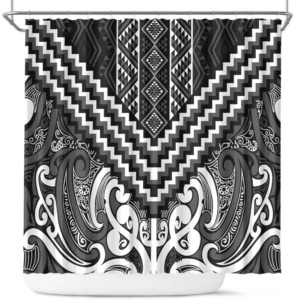 Maori Tukutuku Taniko Motifs Shower Curtain Black Poutama Mix Kowhaiwhai