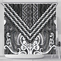Maori Tukutuku Taniko Motifs Shower Curtain Black Poutama Mix Kowhaiwhai