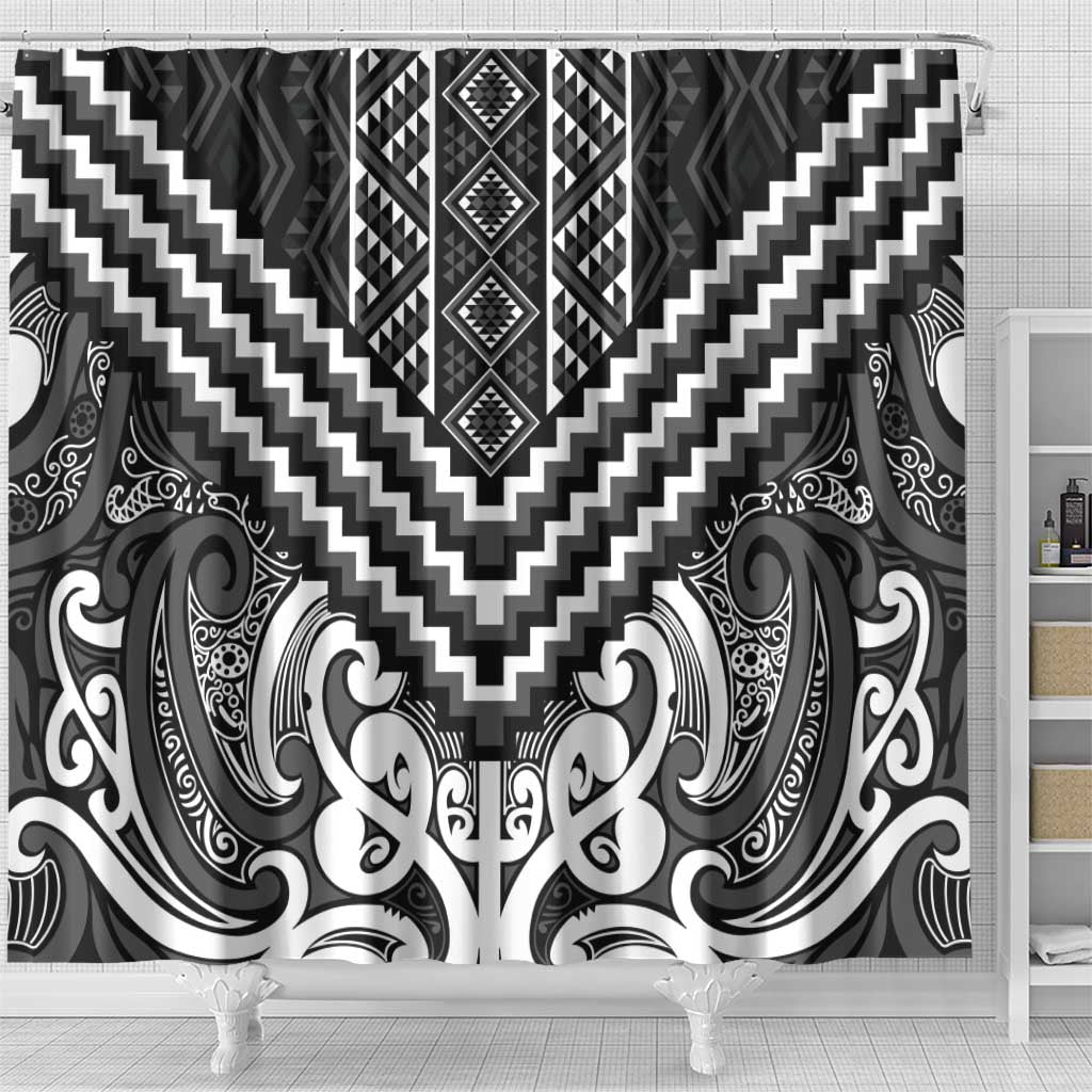 Maori Tukutuku Taniko Motifs Shower Curtain Black Poutama Mix Kowhaiwhai