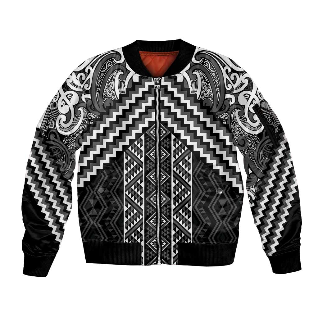 Maori Tukutuku Taniko Motifs Sleeve Zip Bomber Jacket Black Poutama Mix Kowhaiwhai LT7 Unisex Black - Polynesian Pride