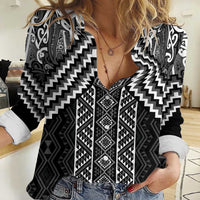 Maori Tukutuku Taniko Motifs Women Casual Shirt Black Poutama Mix Kowhaiwhai LT7 Female Black - Polynesian Pride