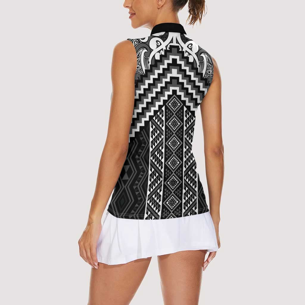 Maori Tukutuku Taniko Motifs Women Sleeveless Polo Shirt Black Poutama Mix Kowhaiwhai