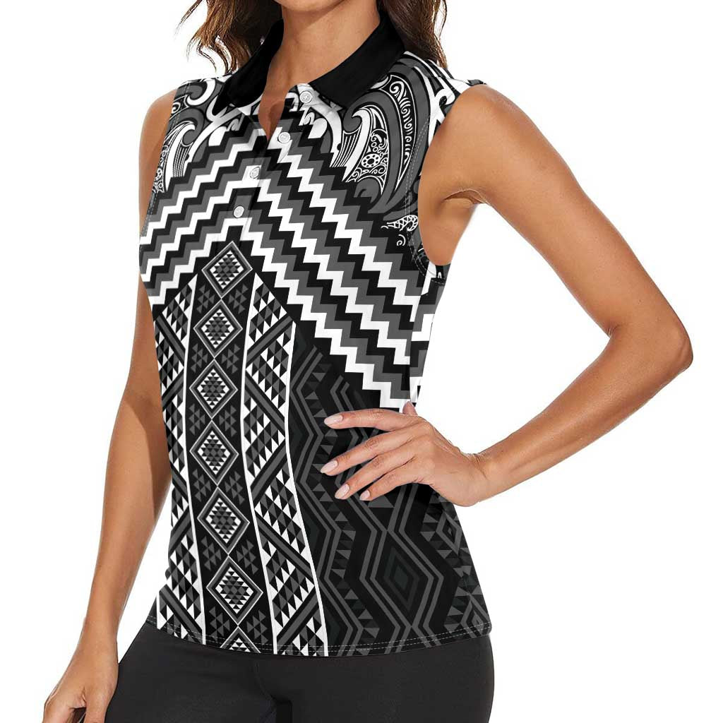 Maori Tukutuku Taniko Motifs Women Sleeveless Polo Shirt Black Poutama Mix Kowhaiwhai