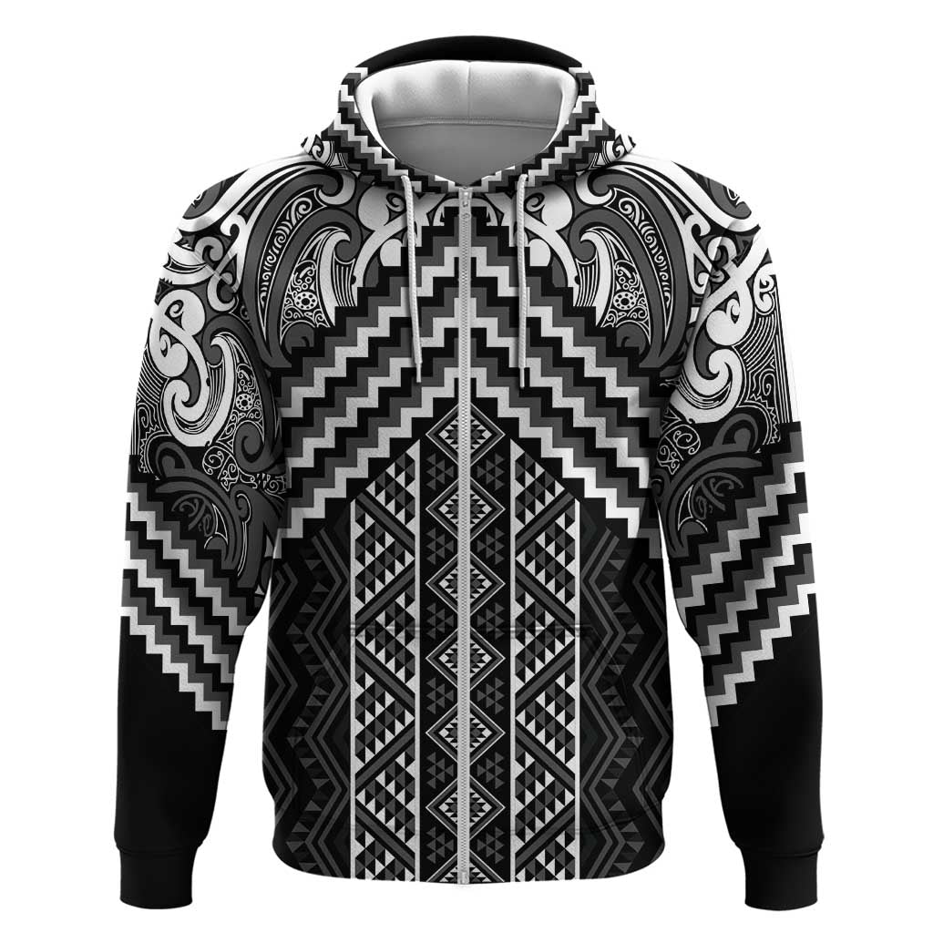 Maori Tukutuku Taniko Motifs Zip Hoodie Black Poutama Mix Kowhaiwhai LT7 Zip Hoodie Black - Polynesian Pride
