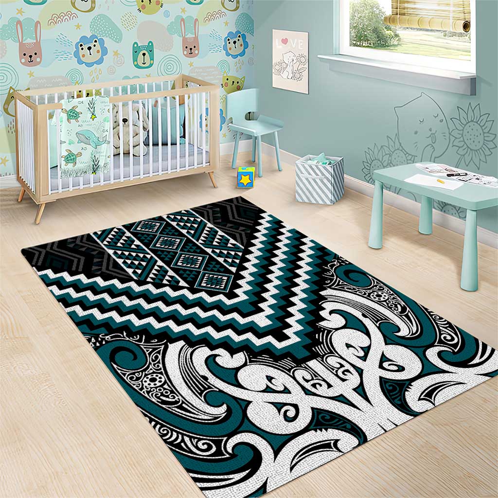 Maori Tukutuku Taniko Motifs Area Rug Teal Poutama Mix Kowhaiwhai