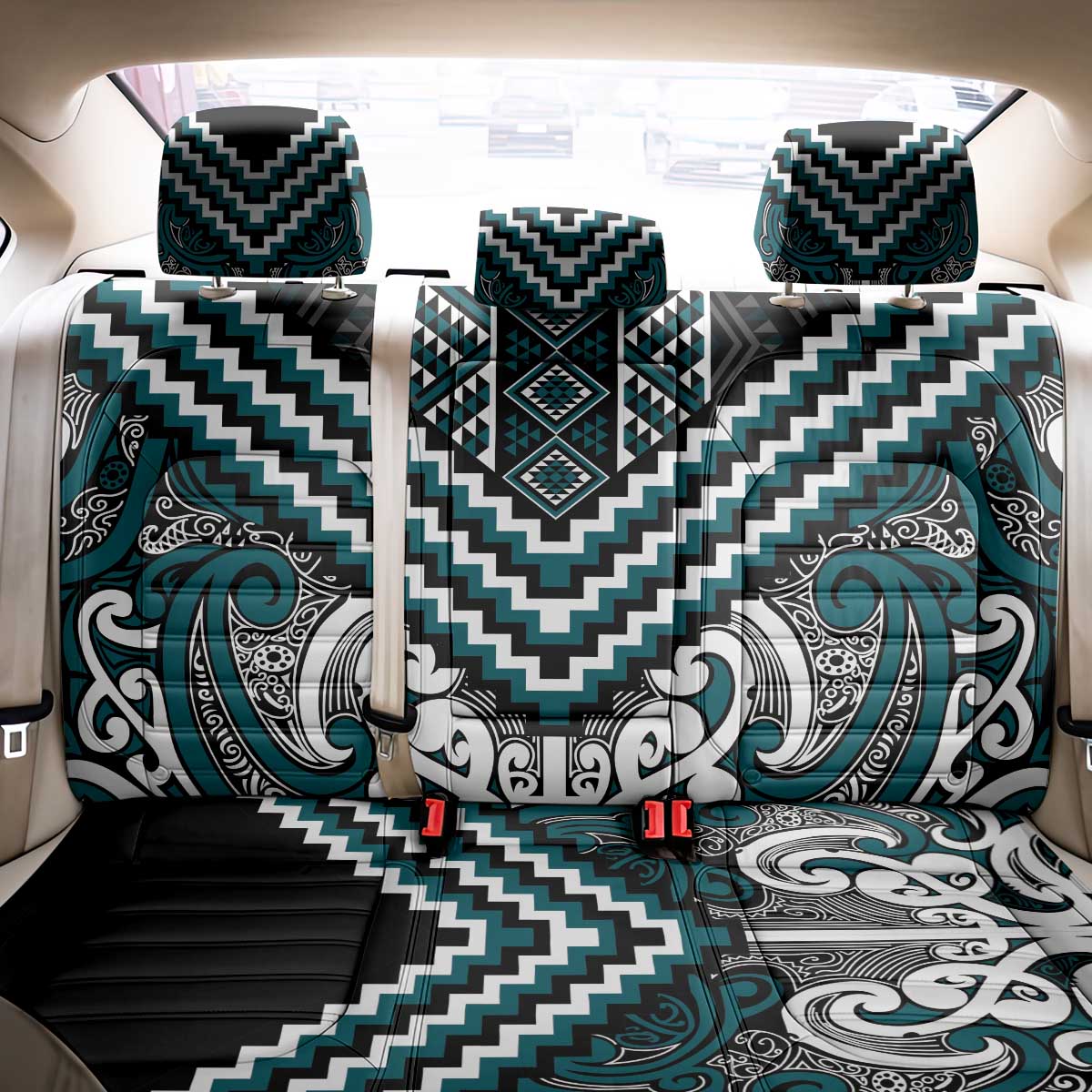 Maori Tukutuku Taniko Motifs Back Car Seat Cover Teal Poutama Mix Kowhaiwhai