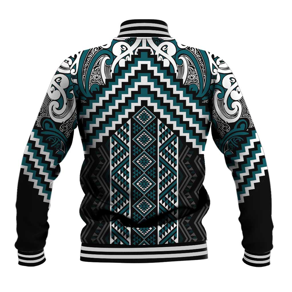 Maori Tukutuku Taniko Motifs Baseball Jacket Teal Poutama Mix Kowhaiwhai LT7 - Polynesian Pride