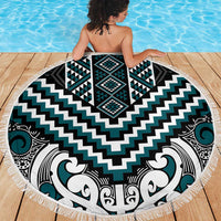 Maori Tukutuku Taniko Motifs Beach Blanket Teal Poutama Mix Kowhaiwhai