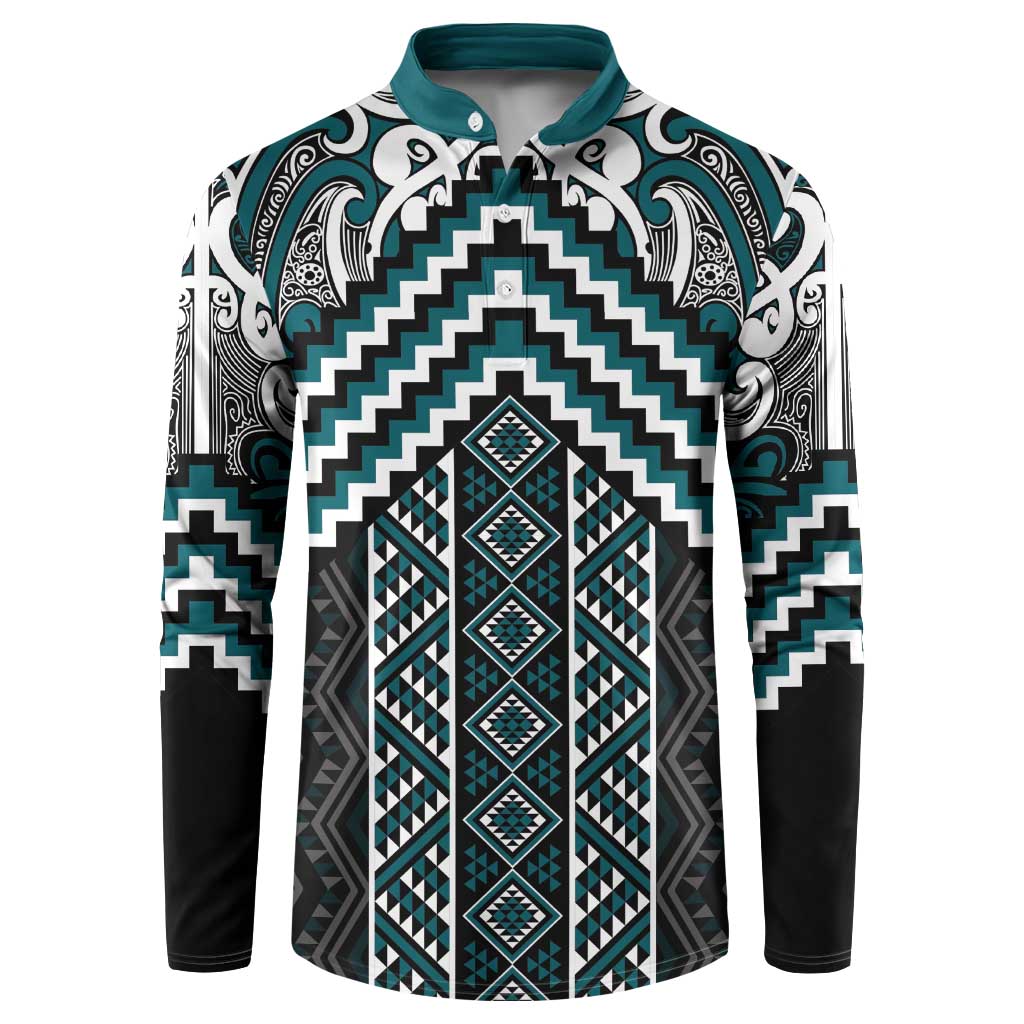 Maori Tukutuku Taniko Motifs Button Sweatshirt Teal Poutama Mix Kowhaiwhai
