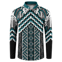 Maori Tukutuku Taniko Motifs Button Sweatshirt Teal Poutama Mix Kowhaiwhai