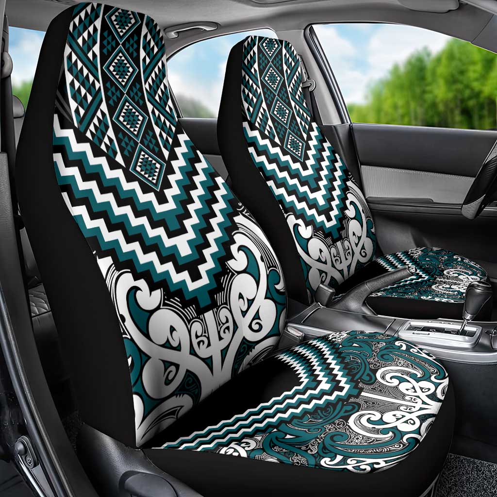 Maori Tukutuku Taniko Motifs Car Seat Cover Teal Poutama Mix Kowhaiwhai
