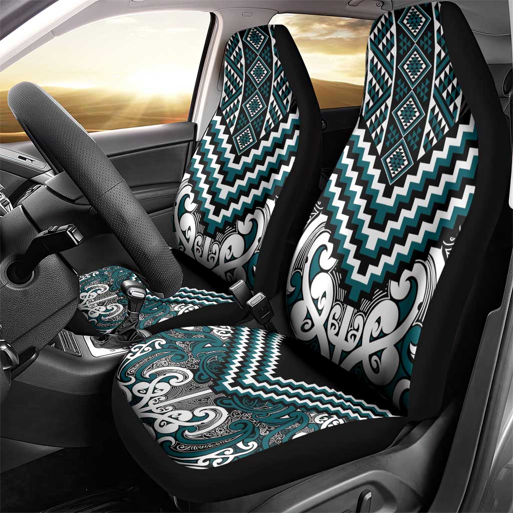 Maori Tukutuku Taniko Motifs Car Seat Cover Teal Poutama Mix Kowhaiwhai
