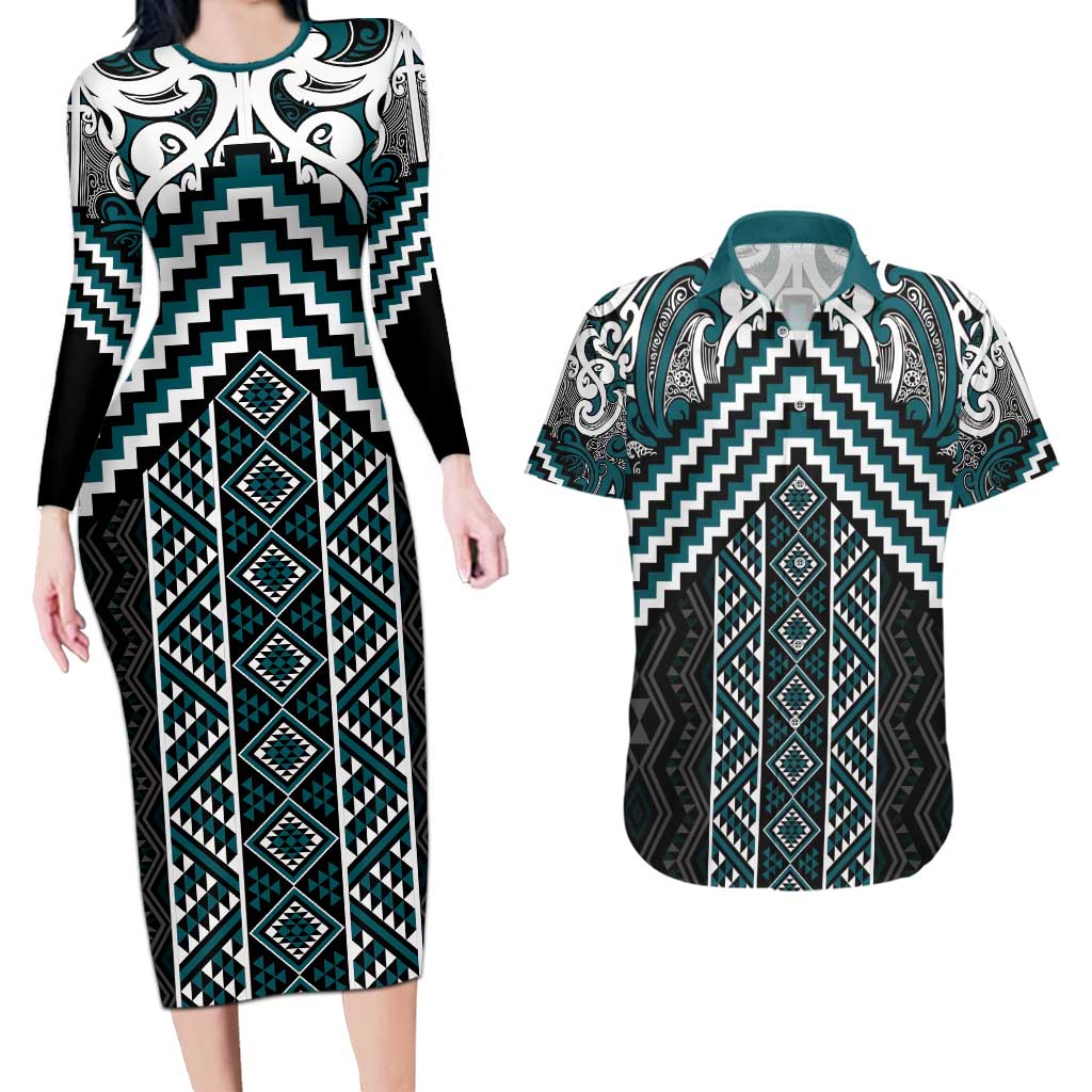 Maori Tukutuku Taniko Motifs Couples Matching Long Sleeve Bodycon Dress and Hawaiian Shirt Teal Poutama Mix Kowhaiwhai