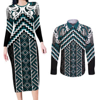 Maori Tukutuku Taniko Motifs Couples Matching Long Sleeve Bodycon Dress and Long Sleeve Button Shirt Teal Poutama Mix Kowhaiwhai LT7 Teal - Polynesian Pride