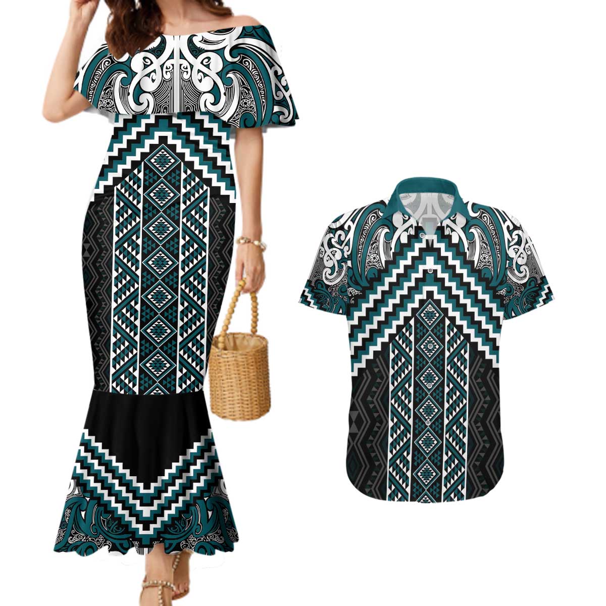 Maori Tukutuku Taniko Motifs Couples Matching Mermaid Dress and Hawaiian Shirt Teal Poutama Mix Kowhaiwhai