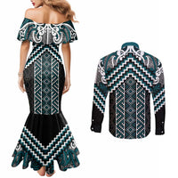 Maori Tukutuku Taniko Motifs Couples Matching Mermaid Dress and Long Sleeve Button Shirt Teal Poutama Mix Kowhaiwhai LT7 - Polynesian Pride
