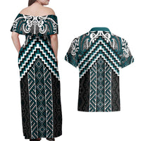 Maori Tukutuku Taniko Motifs Couples Matching Off Shoulder Maxi Dress and Hawaiian Shirt Teal Poutama Mix Kowhaiwhai