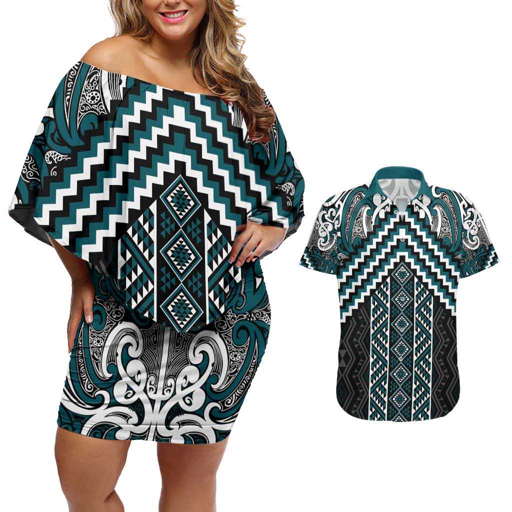 Maori Tukutuku Taniko Motifs Couples Matching Off Shoulder Short Dress and Hawaiian Shirt Teal Poutama Mix Kowhaiwhai
