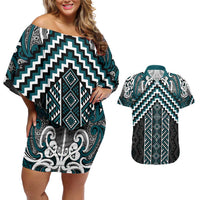 Maori Tukutuku Taniko Motifs Couples Matching Off Shoulder Short Dress and Hawaiian Shirt Teal Poutama Mix Kowhaiwhai