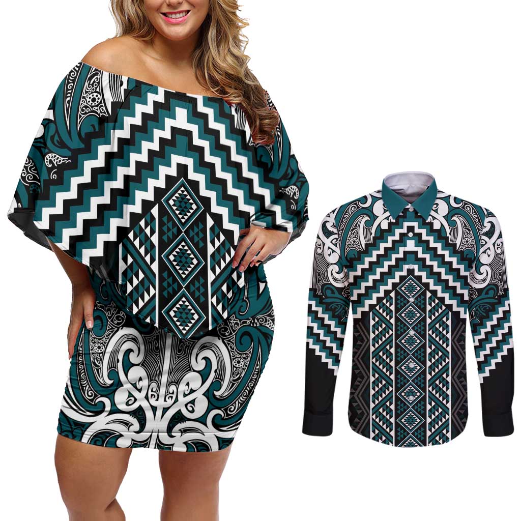 Maori Tukutuku Taniko Motifs Couples Matching Off Shoulder Short Dress and Long Sleeve Button Shirt Teal Poutama Mix Kowhaiwhai