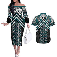 Maori Tukutuku Taniko Motifs Couples Matching Off The Shoulder Long Sleeve Dress and Hawaiian Shirt Teal Poutama Mix Kowhaiwhai