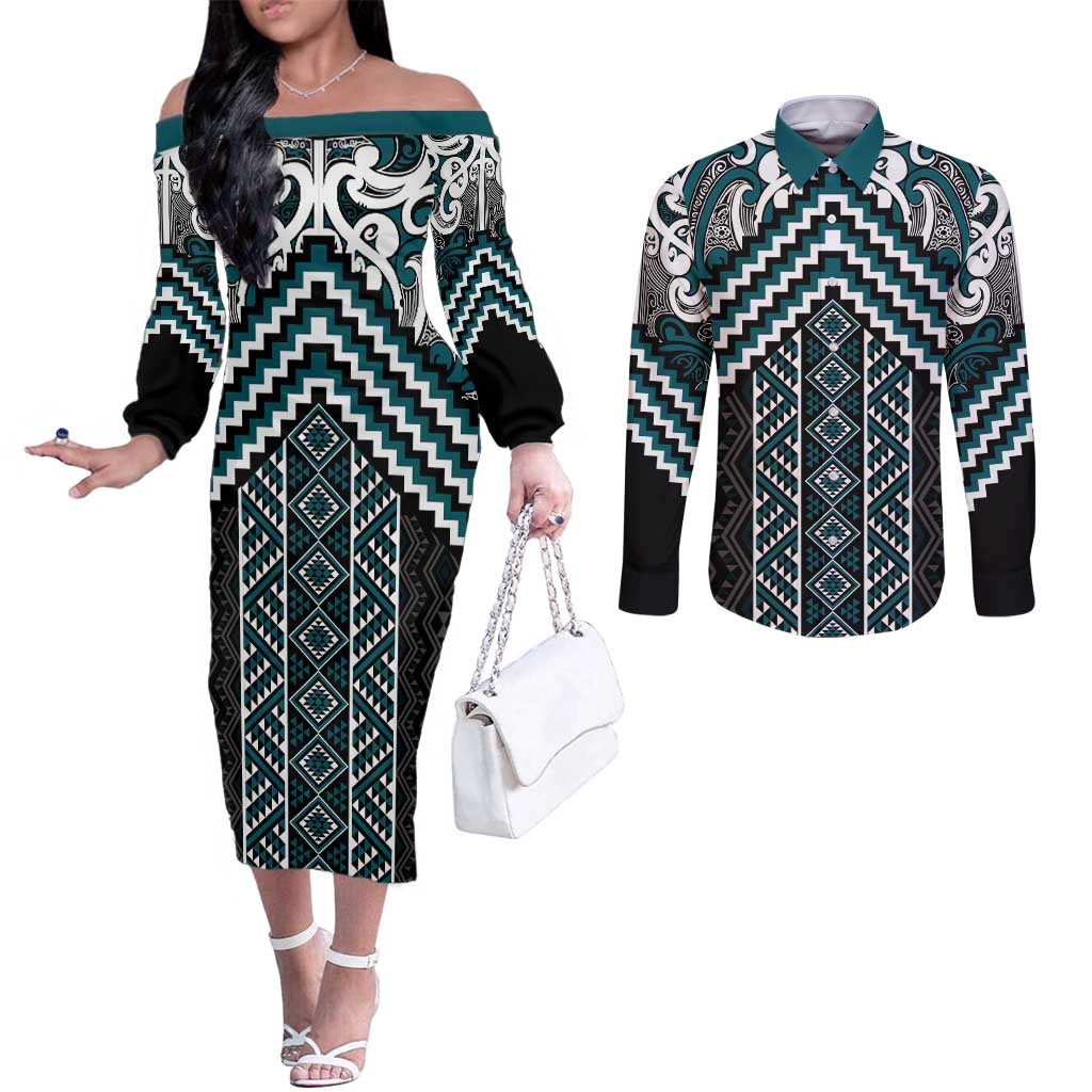 Maori Tukutuku Taniko Motifs Couples Matching Off The Shoulder Long Sleeve Dress and Long Sleeve Button Shirt Teal Poutama Mix Kowhaiwhai LT7 Teal - Polynesian Pride