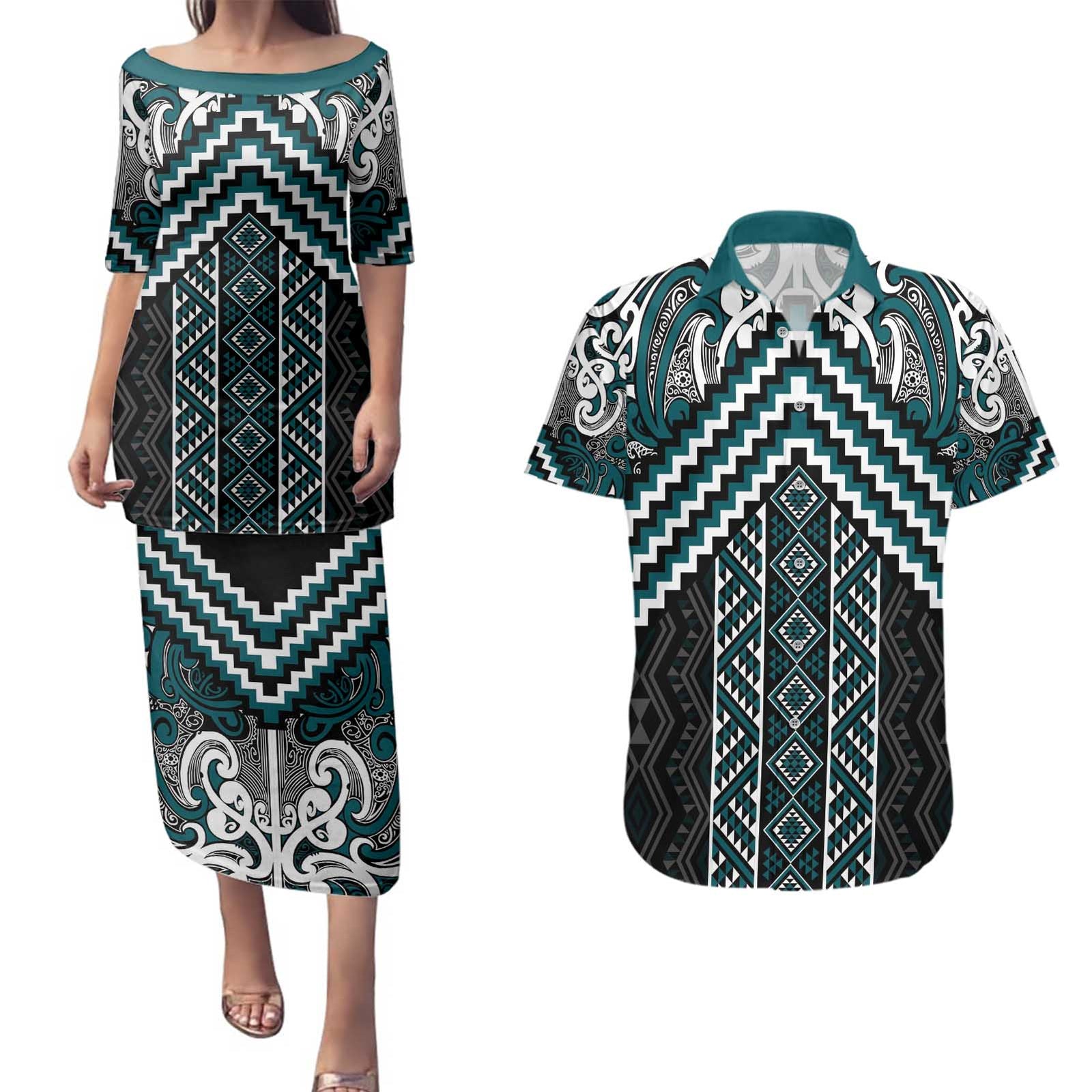 Maori Tukutuku Taniko Motifs Couples Matching Puletasi and Hawaiian Shirt Teal Poutama Mix Kowhaiwhai