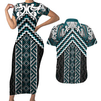 Maori Tukutuku Taniko Motifs Couples Matching Short Sleeve Bodycon Dress and Hawaiian Shirt Teal Poutama Mix Kowhaiwhai