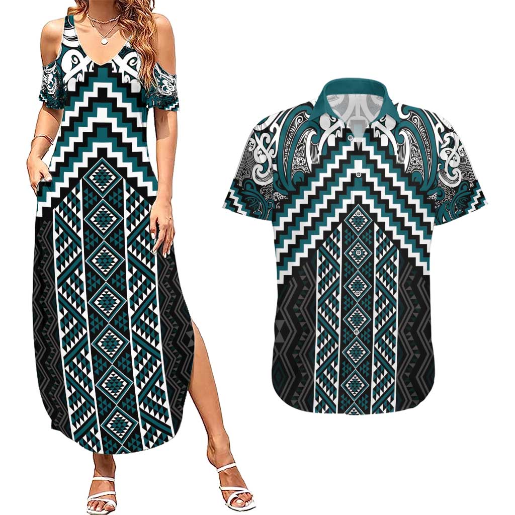 Maori Tukutuku Taniko Motifs Couples Matching Summer Maxi Dress and Hawaiian Shirt Teal Poutama Mix Kowhaiwhai
