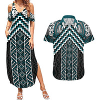 Maori Tukutuku Taniko Motifs Couples Matching Summer Maxi Dress and Hawaiian Shirt Teal Poutama Mix Kowhaiwhai