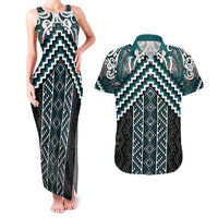 Maori Tukutuku Taniko Motifs Couples Matching Tank Maxi Dress and Hawaiian Shirt Teal Poutama Mix Kowhaiwhai