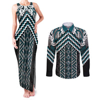 Maori Tukutuku Taniko Motifs Couples Matching Tank Maxi Dress and Long Sleeve Button Shirt Teal Poutama Mix Kowhaiwhai LT7 Teal - Polynesian Pride