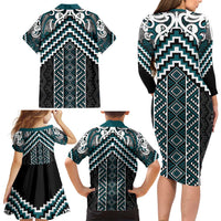 Maori Tukutuku Taniko Motifs Family Matching Long Sleeve Bodycon Dress and Hawaiian Shirt Teal Poutama Mix Kowhaiwhai