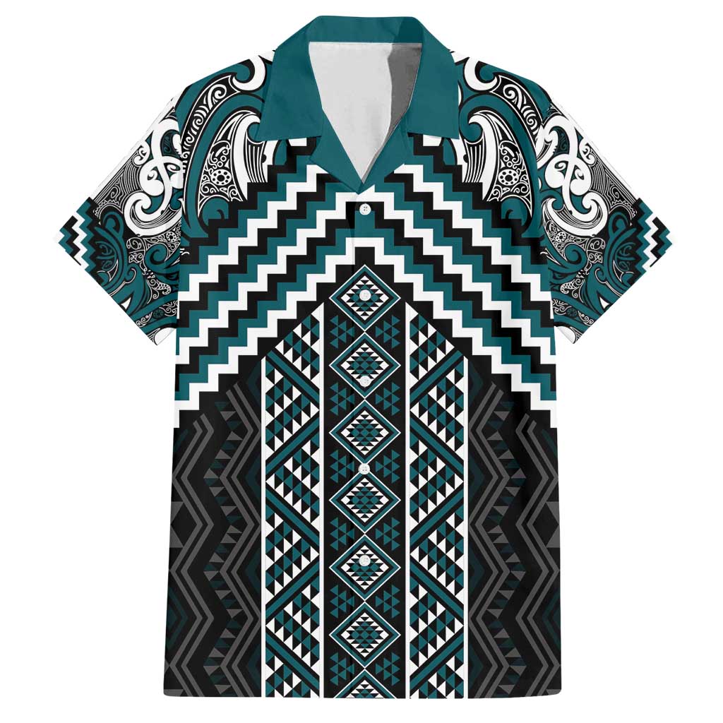 Maori Tukutuku Taniko Motifs Family Matching Long Sleeve Bodycon Dress and Hawaiian Shirt Teal Poutama Mix Kowhaiwhai
