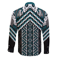 Maori Tukutuku Taniko Motifs Family Matching Long Sleeve Bodycon Dress and Hawaiian Shirt Teal Poutama Mix Kowhaiwhai