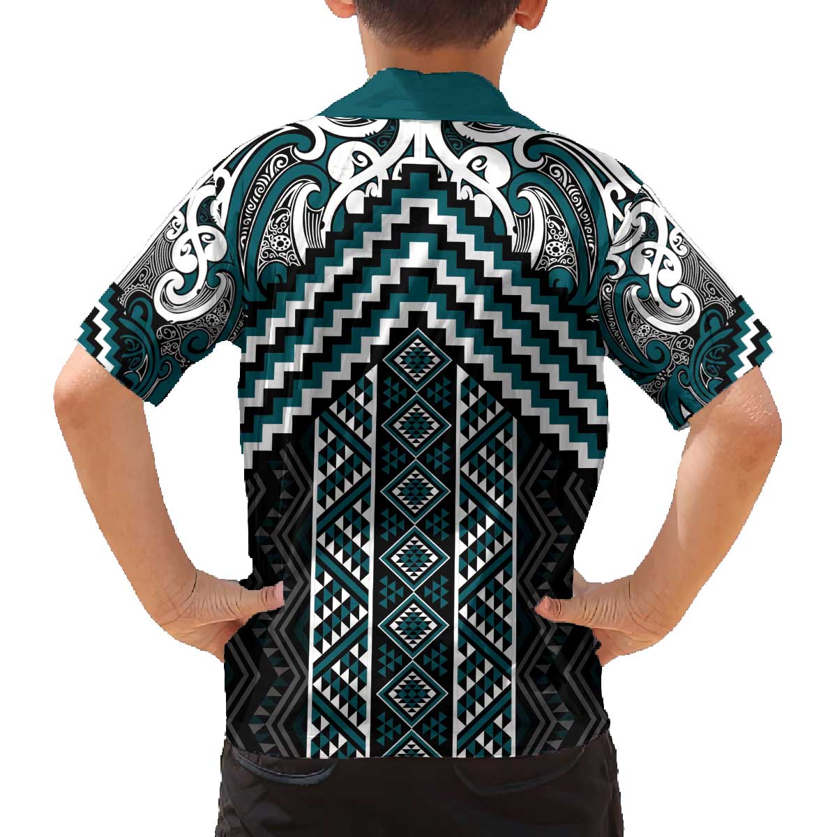 Maori Tukutuku Taniko Motifs Family Matching Off The Shoulder Long Sleeve Dress and Hawaiian Shirt Teal Poutama Mix Kowhaiwhai