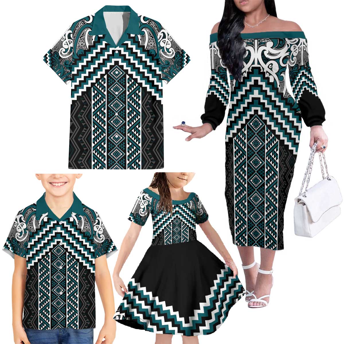 Maori Tukutuku Taniko Motifs Family Matching Off The Shoulder Long Sleeve Dress and Hawaiian Shirt Teal Poutama Mix Kowhaiwhai
