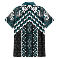 Maori Tukutuku Taniko Motifs Family Matching Off The Shoulder Long Sleeve Dress and Hawaiian Shirt Teal Poutama Mix Kowhaiwhai