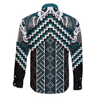 Maori Tukutuku Taniko Motifs Family Matching Off The Shoulder Long Sleeve Dress and Hawaiian Shirt Teal Poutama Mix Kowhaiwhai