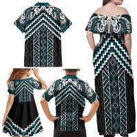Maori Tukutuku Taniko Motifs Family Matching Off Shoulder Maxi Dress and Hawaiian Shirt Teal Poutama Mix Kowhaiwhai