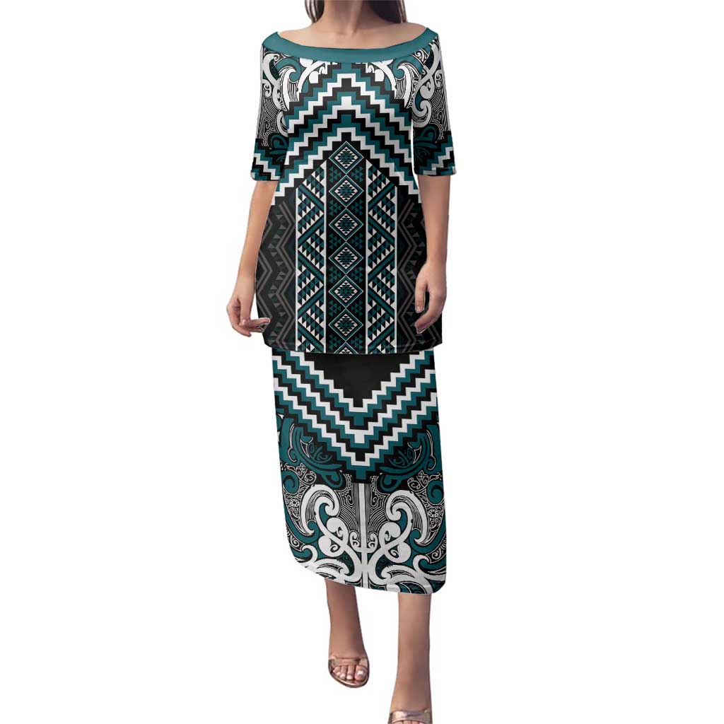 Maori Tukutuku Taniko Motifs Family Matching Puletasi and Hawaiian Shirt Teal Poutama Mix Kowhaiwhai