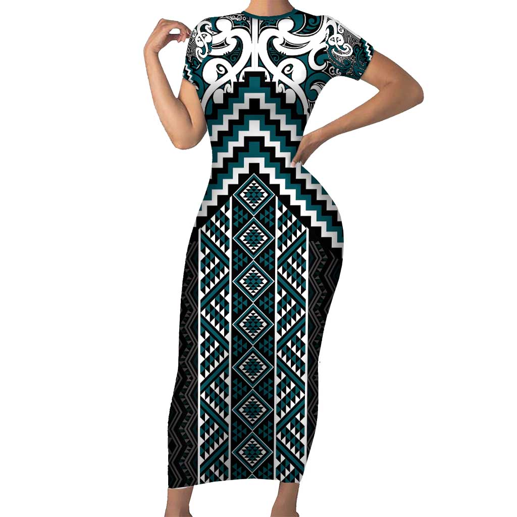 Maori Tukutuku Taniko Motifs Family Matching Short Sleeve Bodycon Dress and Hawaiian Shirt Teal Poutama Mix Kowhaiwhai
