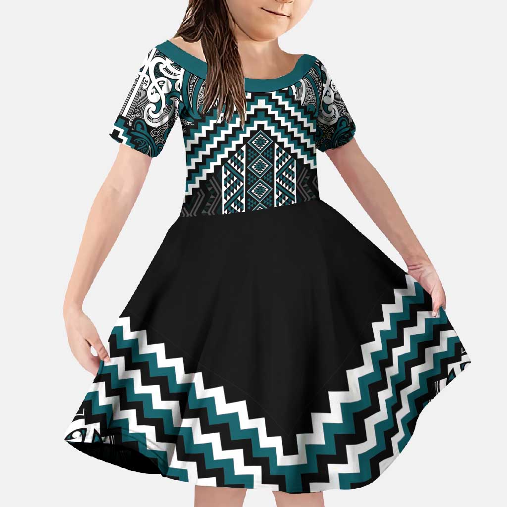 Maori Tukutuku Taniko Motifs Family Matching Tank Maxi Dress and Hawaiian Shirt Teal Poutama Mix Kowhaiwhai