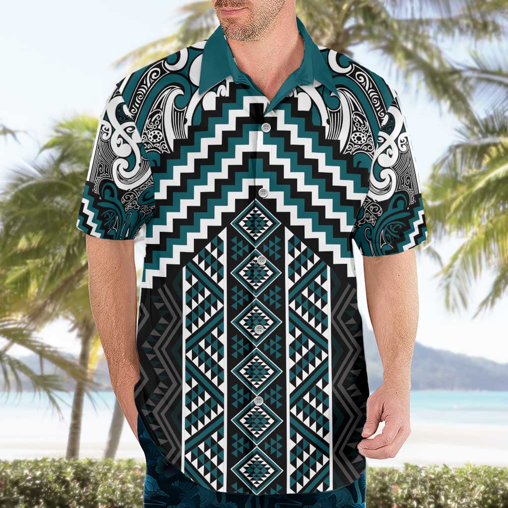 Maori Tukutuku Taniko Motifs Hawaiian Shirt Teal Poutama Mix Kowhaiwhai